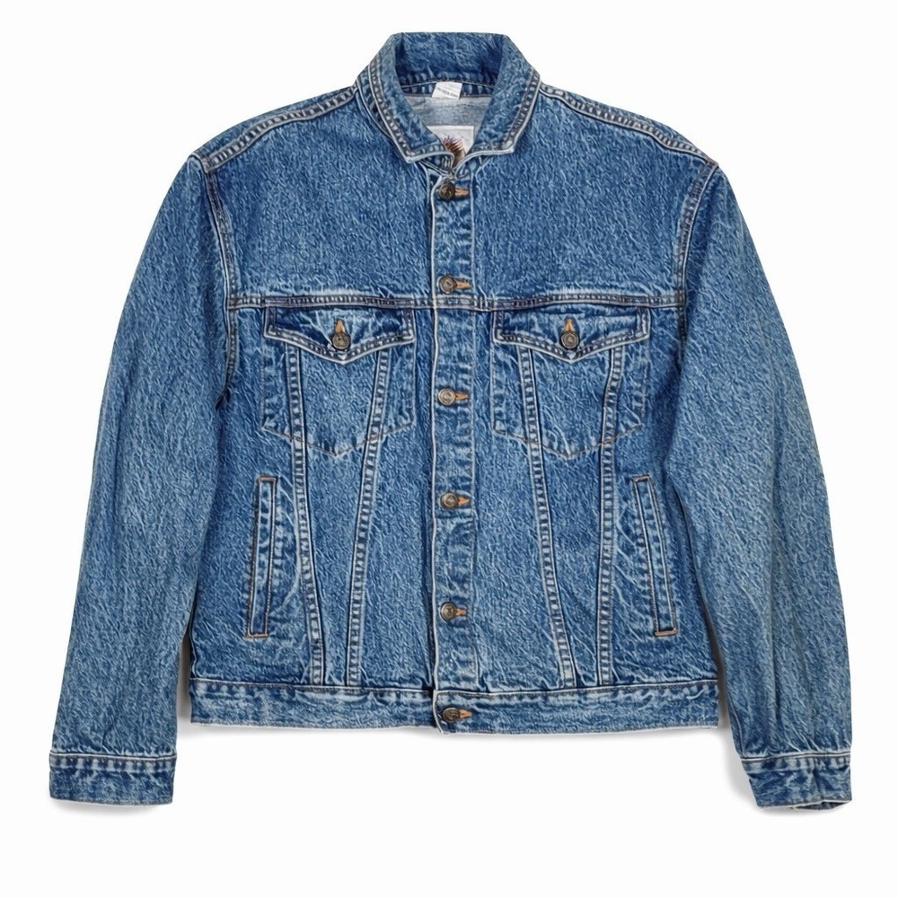 VTG 90s Excelled Denim Trucker Jacket Mens M Stone Wash Moto Biker Paneled Back